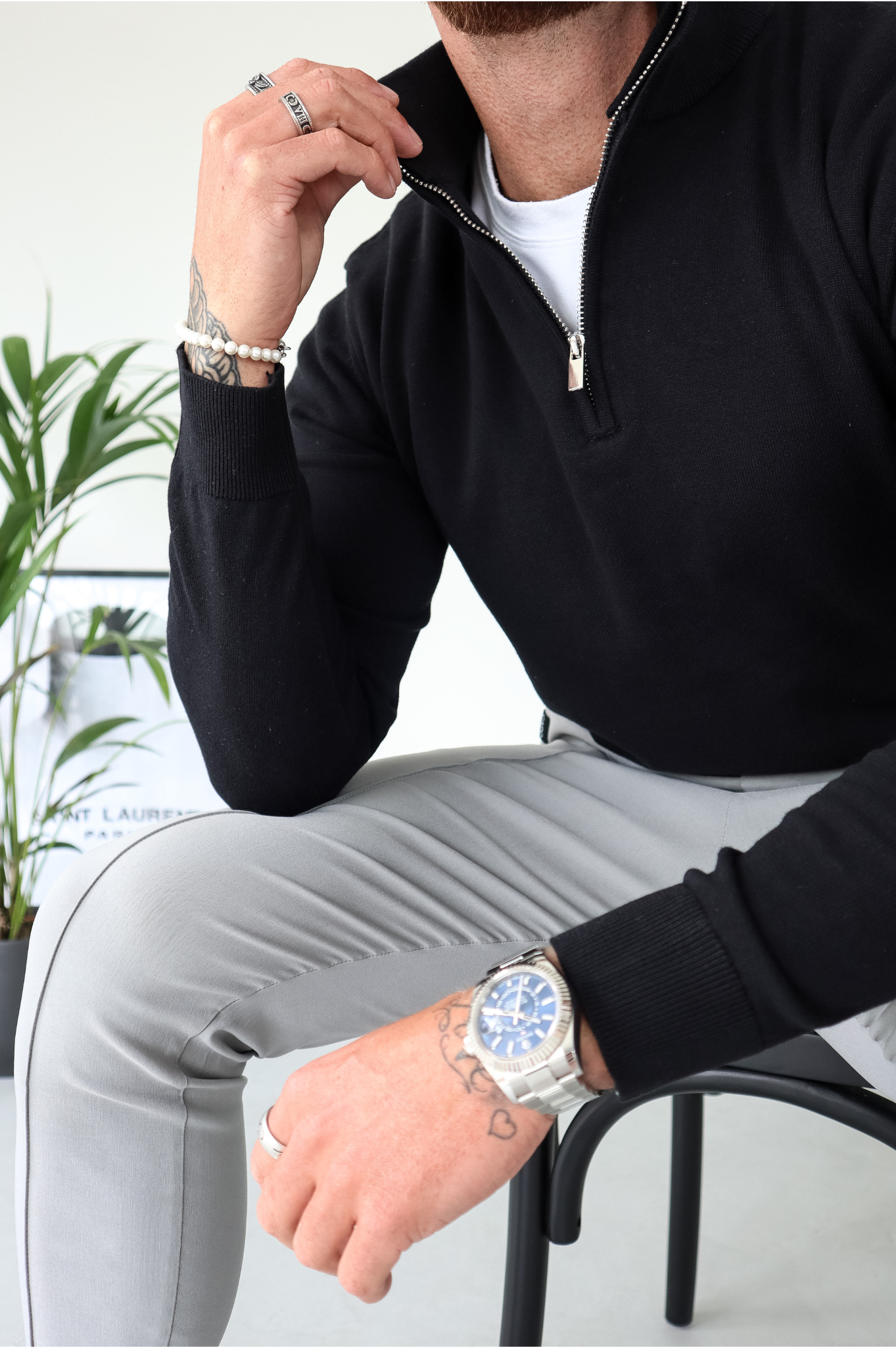 Pull Cotton  Egyptien 1/4 Zip Top - Noir