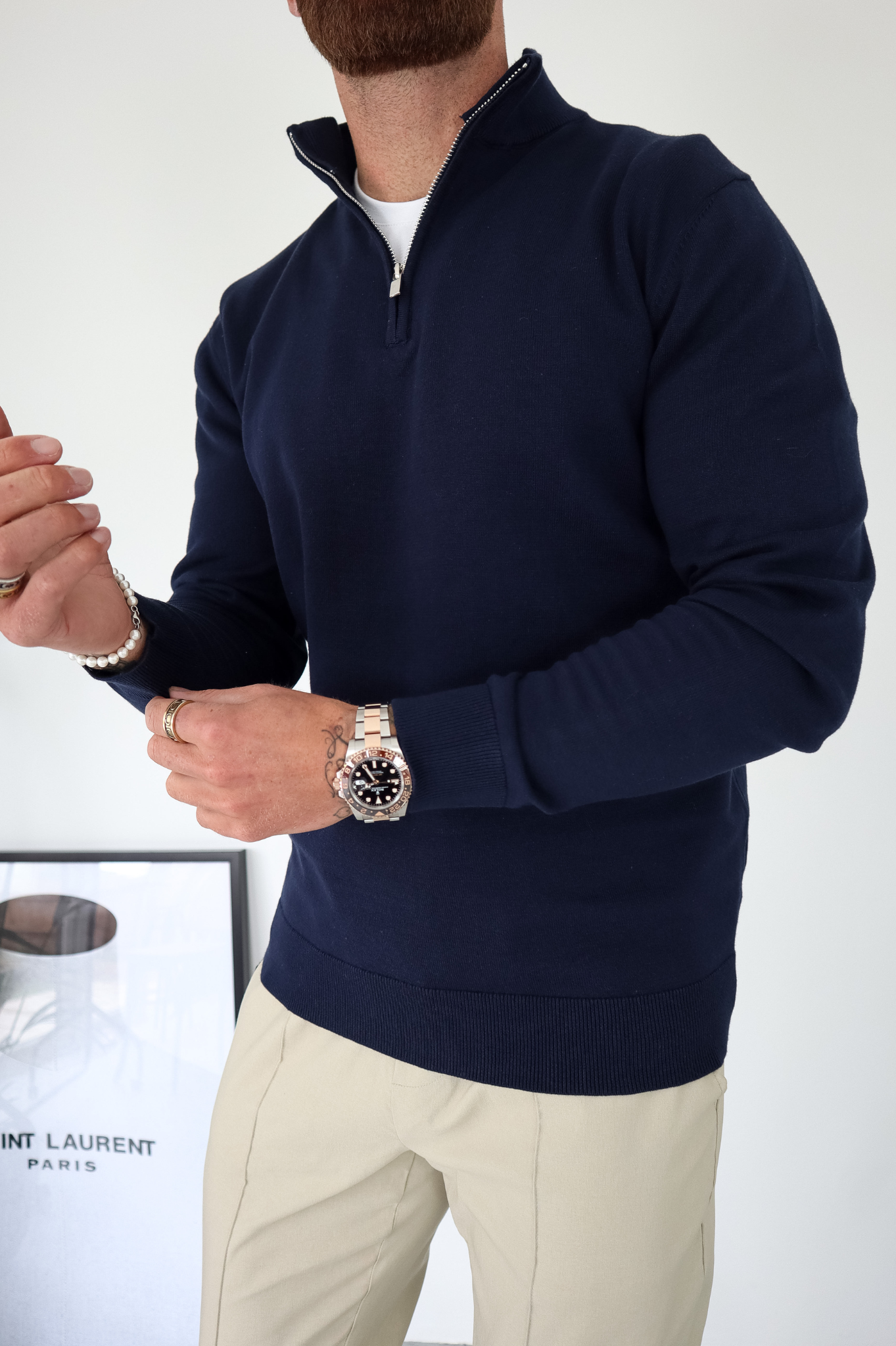 Pull Cotton  Egyptien 1/4 Zip Top - Bleu Marine