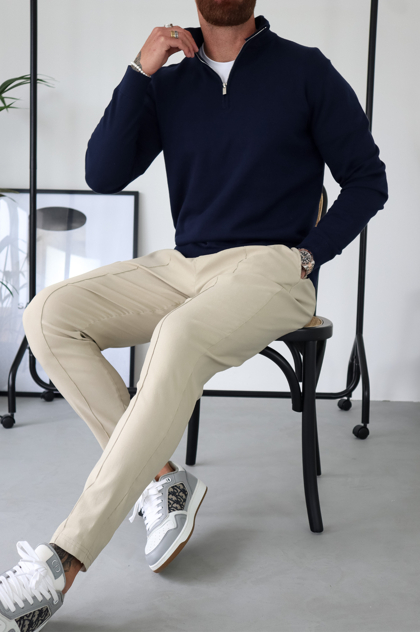 Pull Cotton  Egyptien 1/4 Zip Top - Bleu Marine